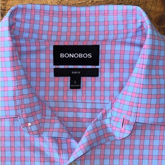 Mens Bonobos Purple Blue Pink Checkered Long Sleeve Slim Fit Button Down Shirt L - Picture 2 of 9